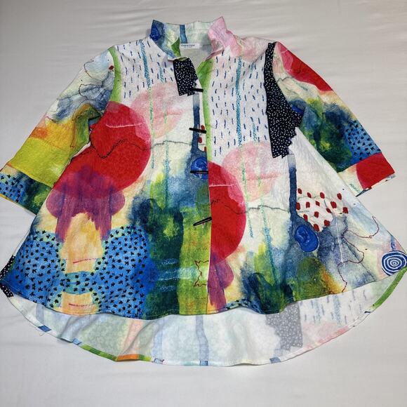Creation Tops - Creation Art Attack Womens L Blouse 3/4 Sleeve Toggle Button Wire Collar Top EUC
